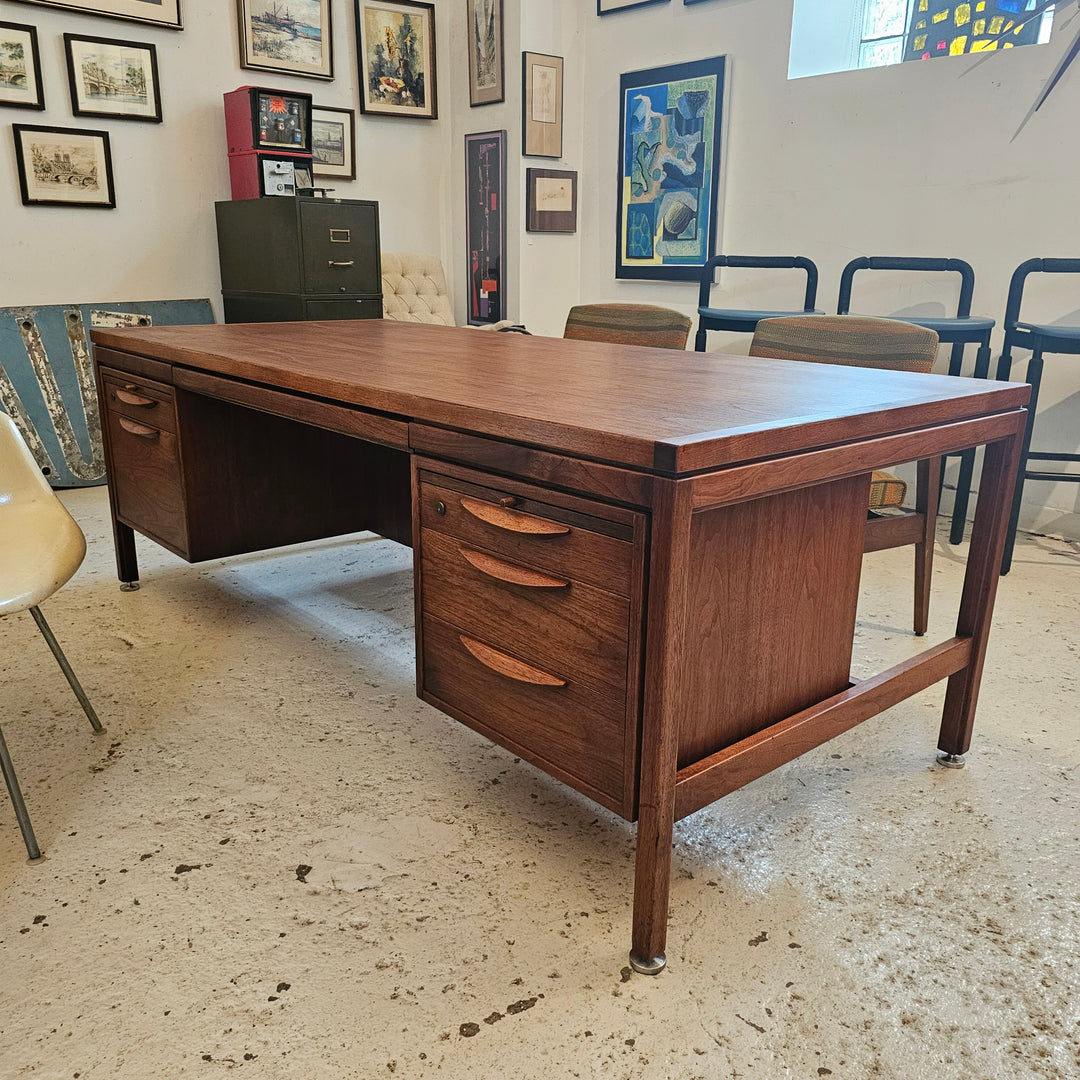 Wide Jens Risom Walnut Double Pedestal Desk