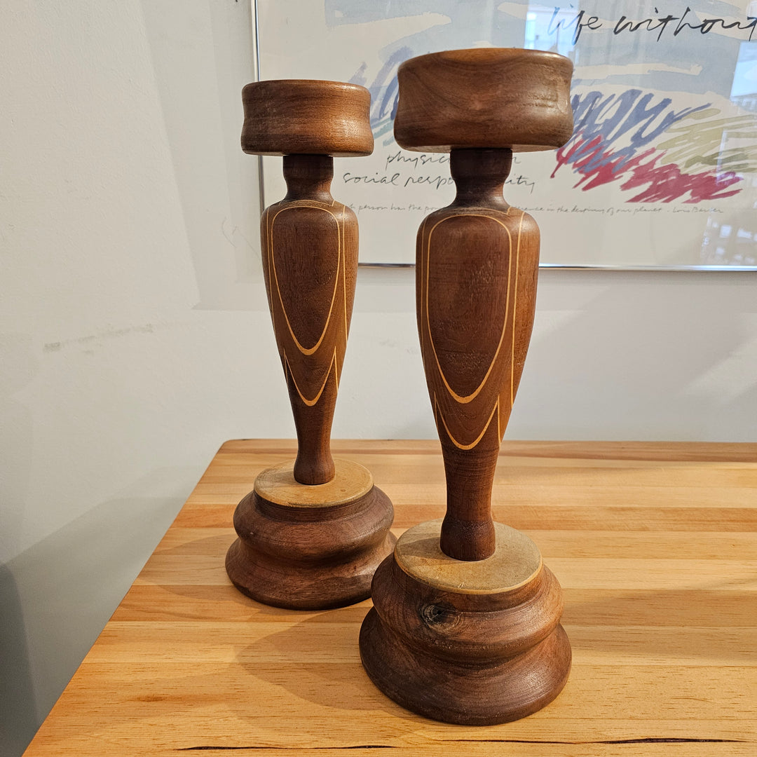 Pair of Hand Turned Wood Candle Holders