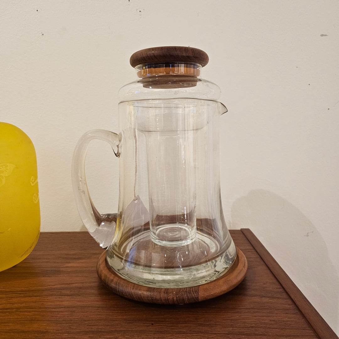 1970s Glass and Teak Wood Pitcher with Ice Chamber