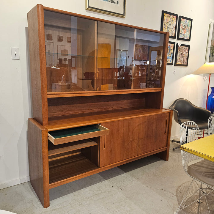 Two Piece Lighted Teak Hutch