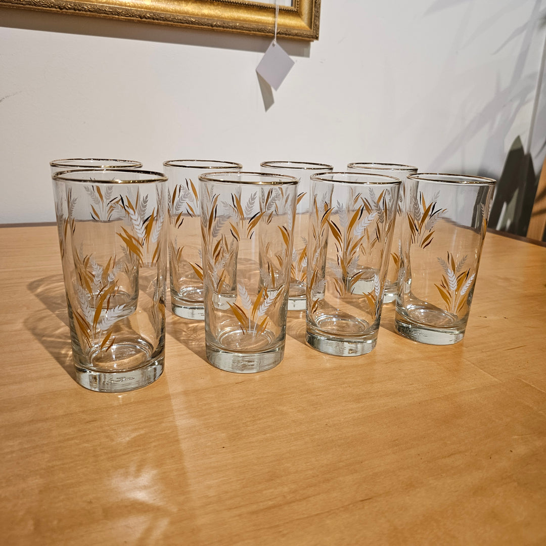 (8) Libby Wheat Tumblers, Gold Rim
