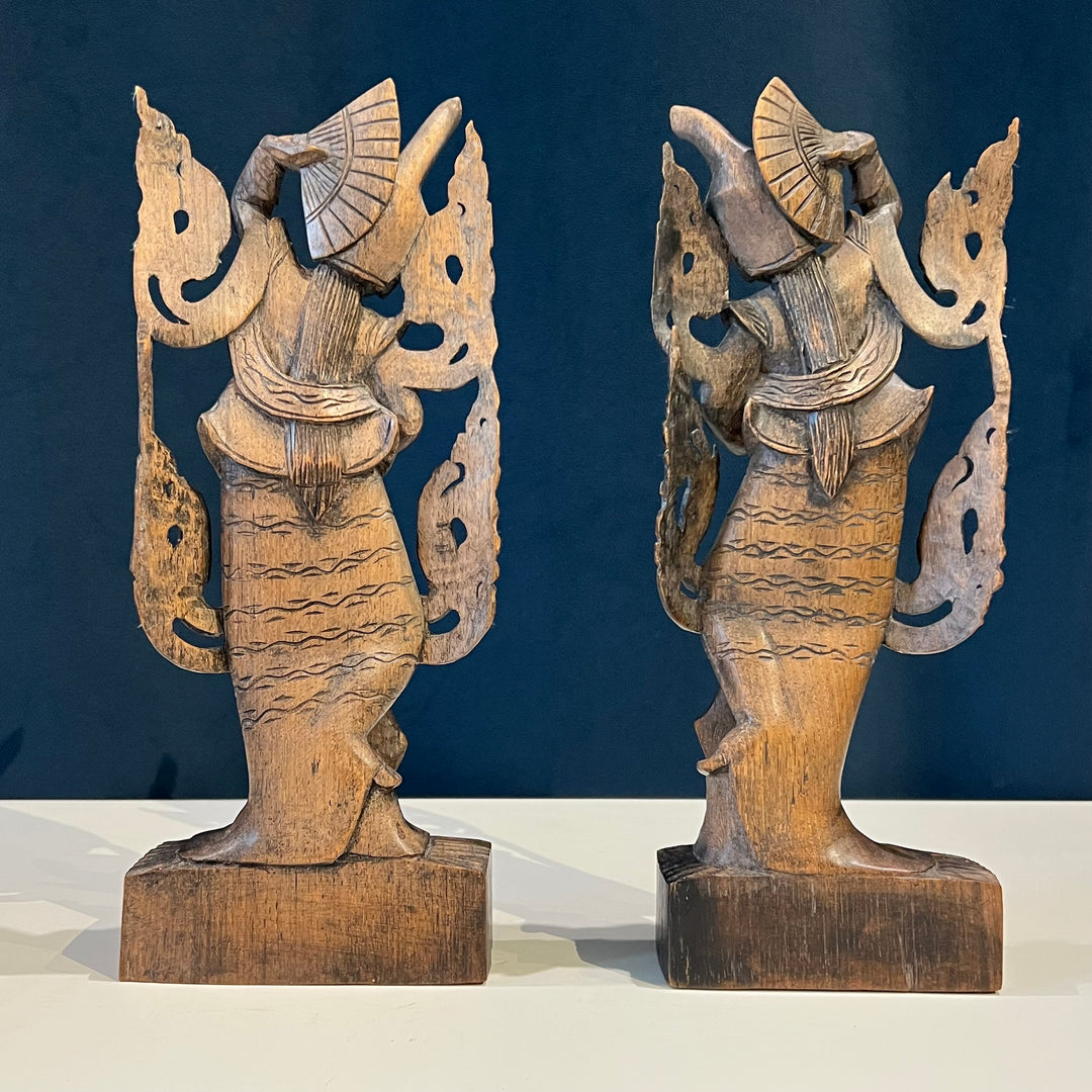Pair of Thai Carved Wood Goddess Figures