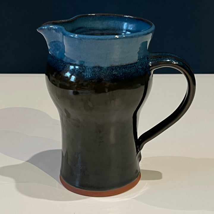 Studio Pottery Ceramic Pitcher, Dark w/Blue Rim
