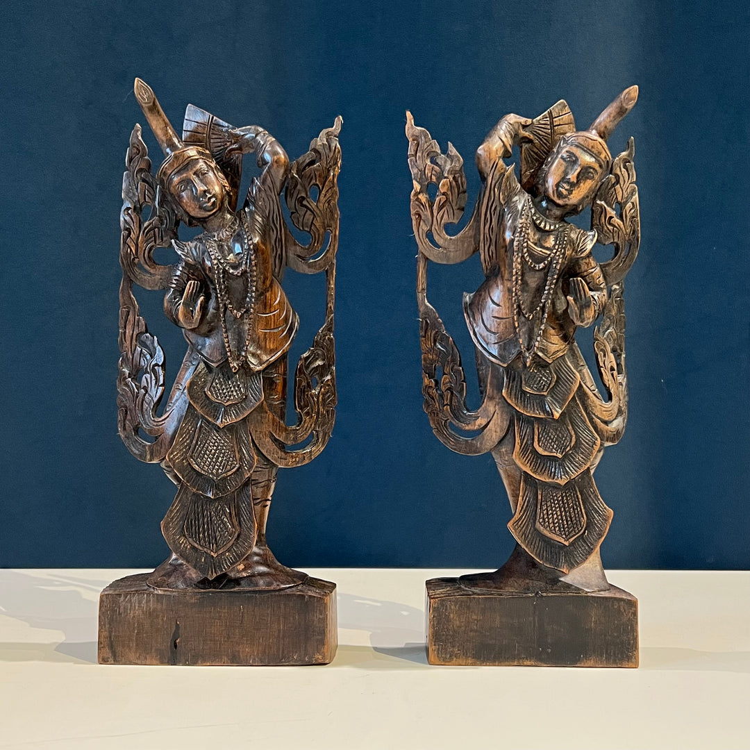 Pair of Thai Carved Wood Goddess Figures