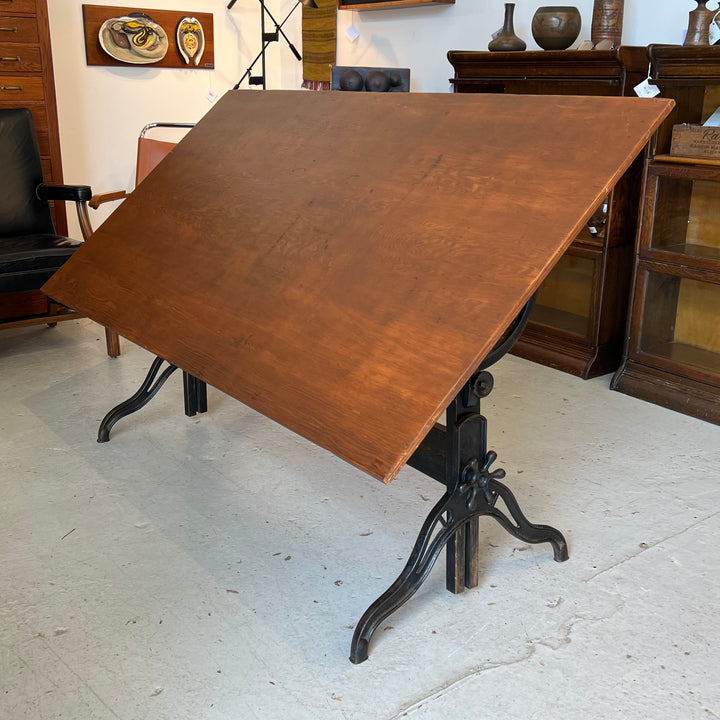 Large Antique Drafting Table w/Cast Iron Base
