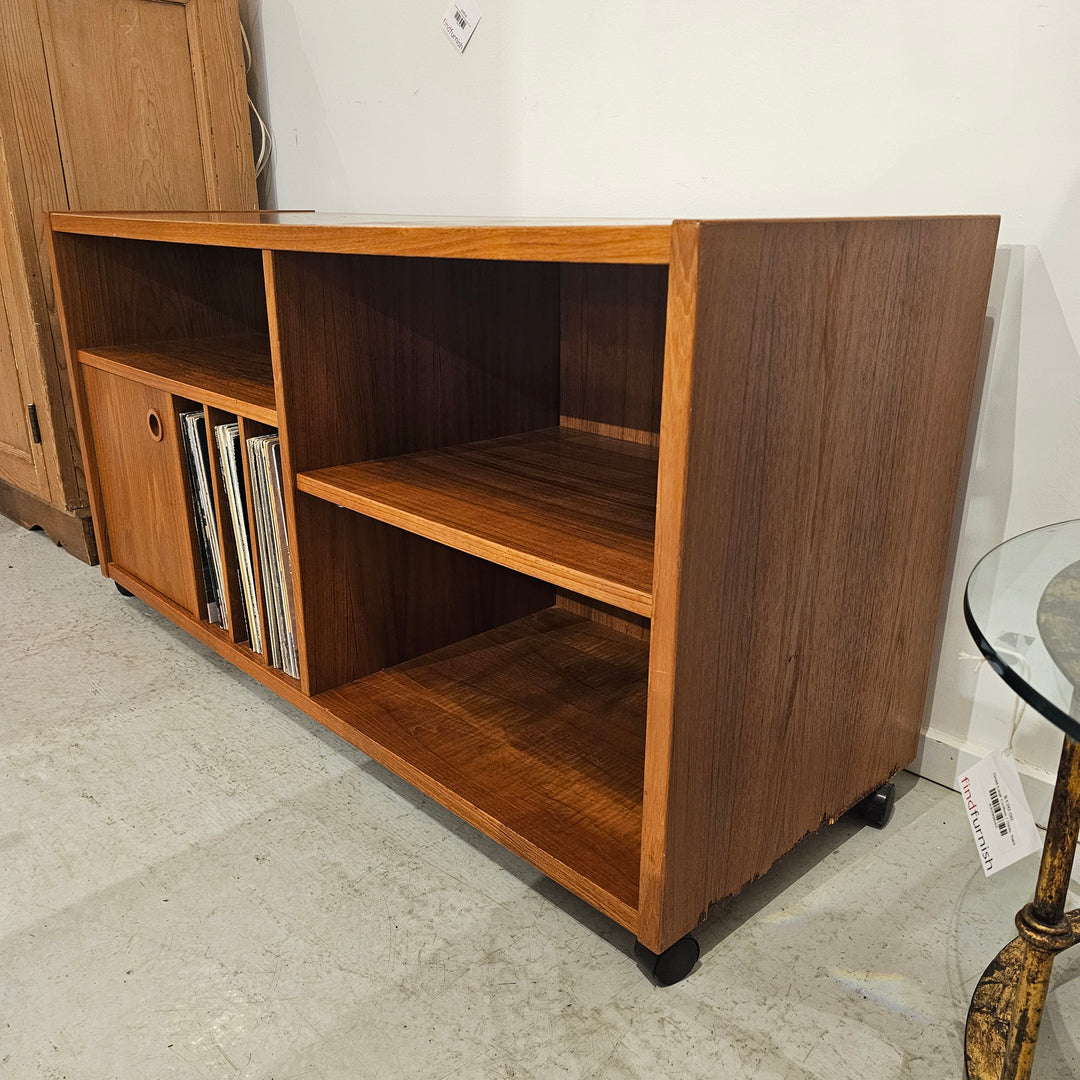 Teak Record Console Cabinet on Casters