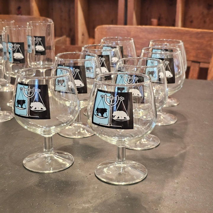 (8)  Turquoise/Black Bull & Bear Snifter Glasses