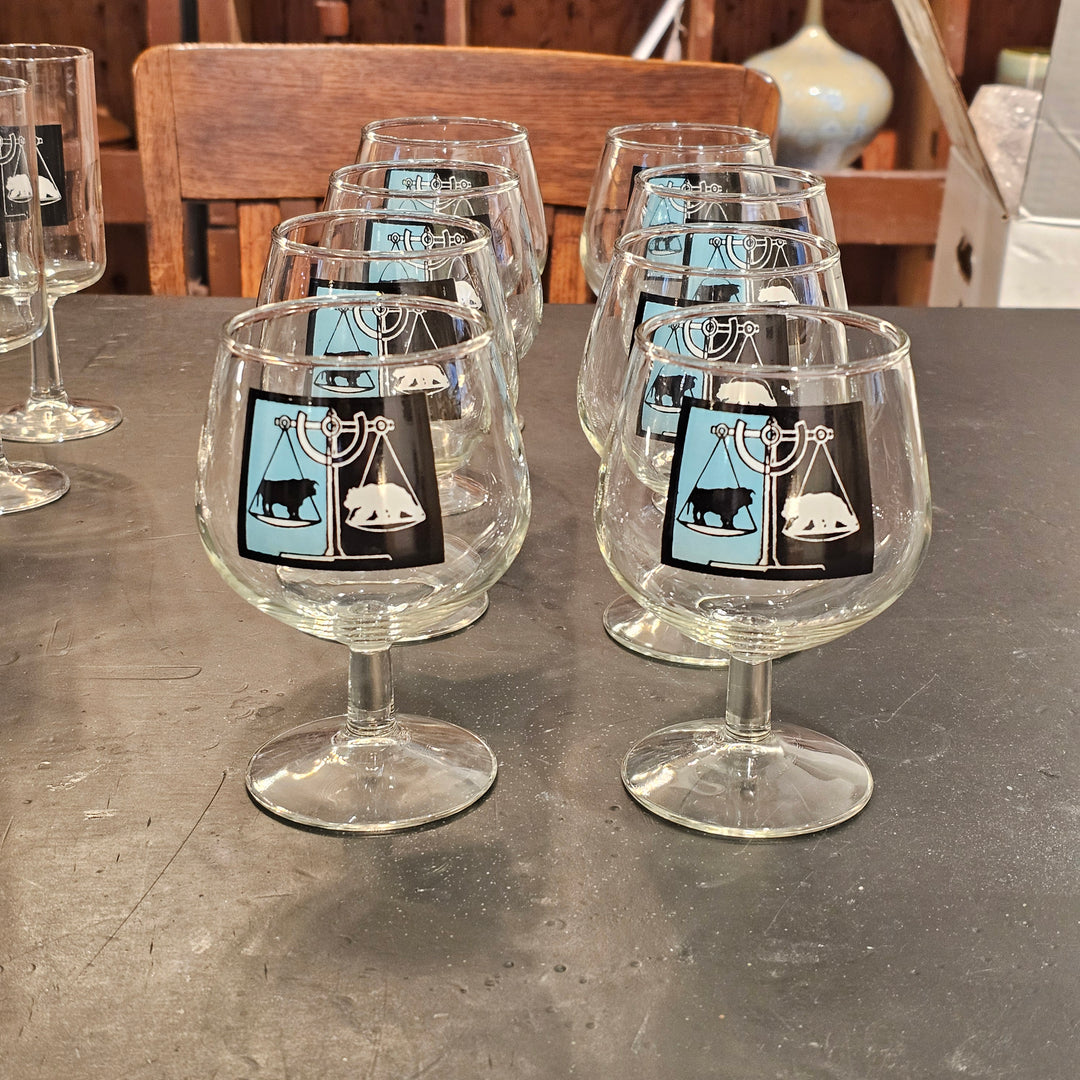 (8)  Turquoise/Black Bull & Bear Snifter Glasses
